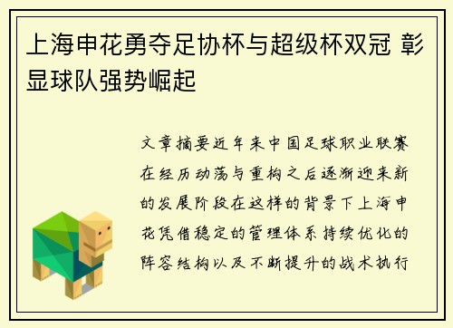 上海申花勇夺足协杯与超级杯双冠 彰显球队强势崛起 上海申花勇夺足协杯与超级杯双冠 彰显球队强势崛起